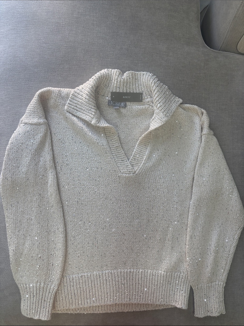 J. Crew Cream Sequin V-Neck Collared Sweater